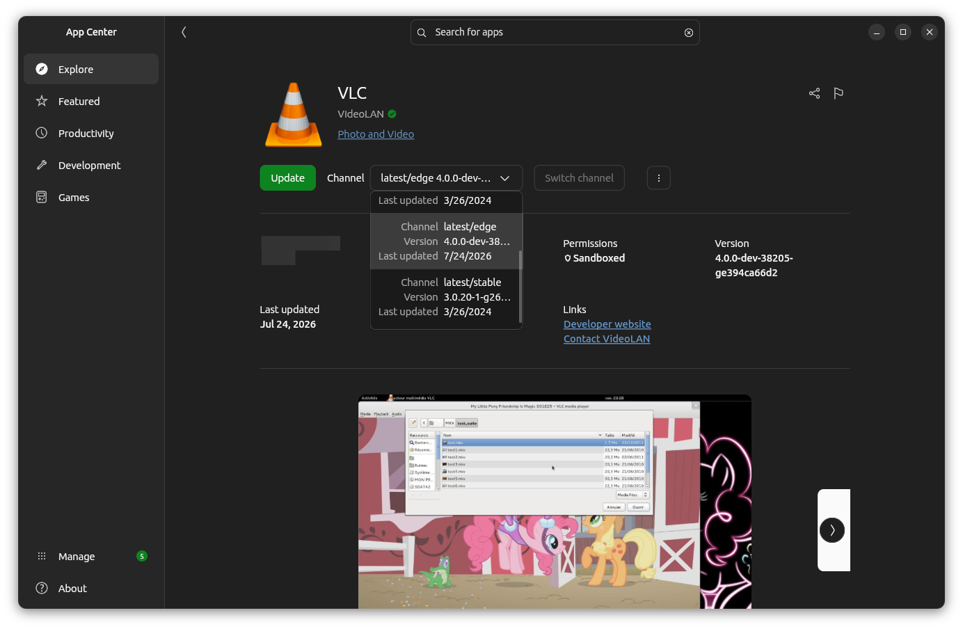 Channel is selected, othewrise it's the same as image above of a traffic cone and the App Center view in Ubuntu 24