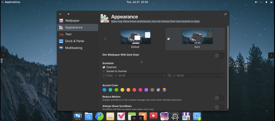 The display settings menu when you right click the desktop has options for dark mode, colors, reduce motion under "Appearance"