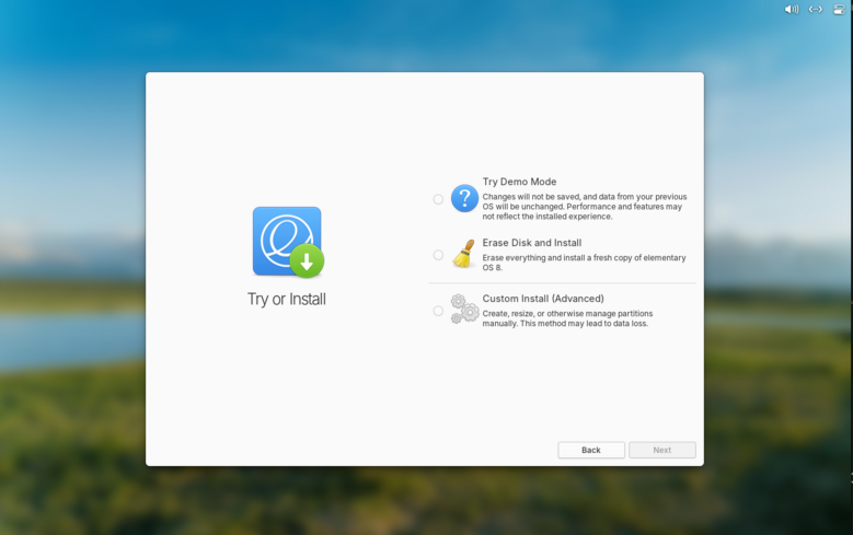 A screen with a back and a next button. There are 3 radio buttons that allow you to try, erase disk and install, or erase some or all disk and custom install