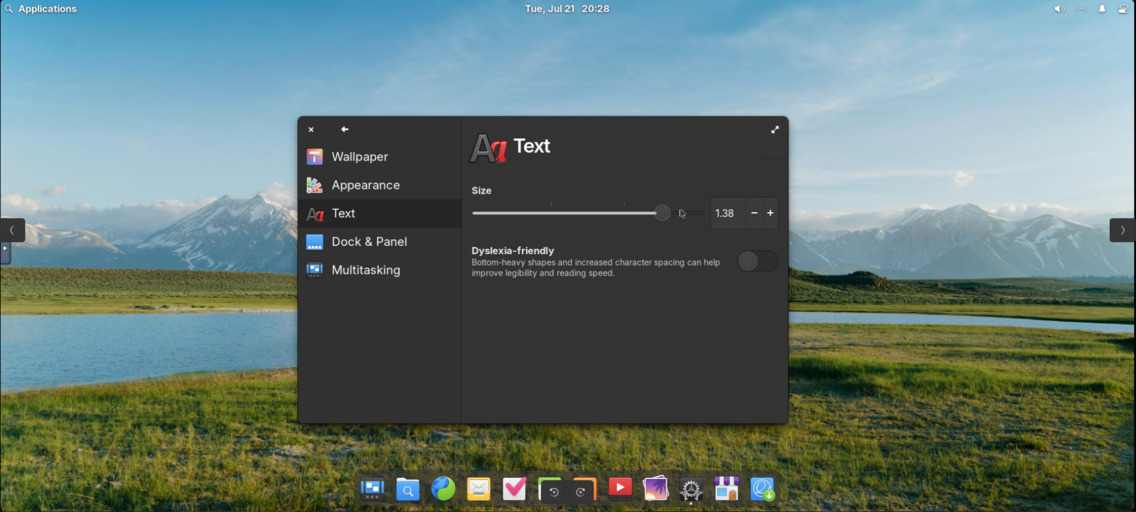 In the display settings menu, when you right click the desktop, you can change the size of the text