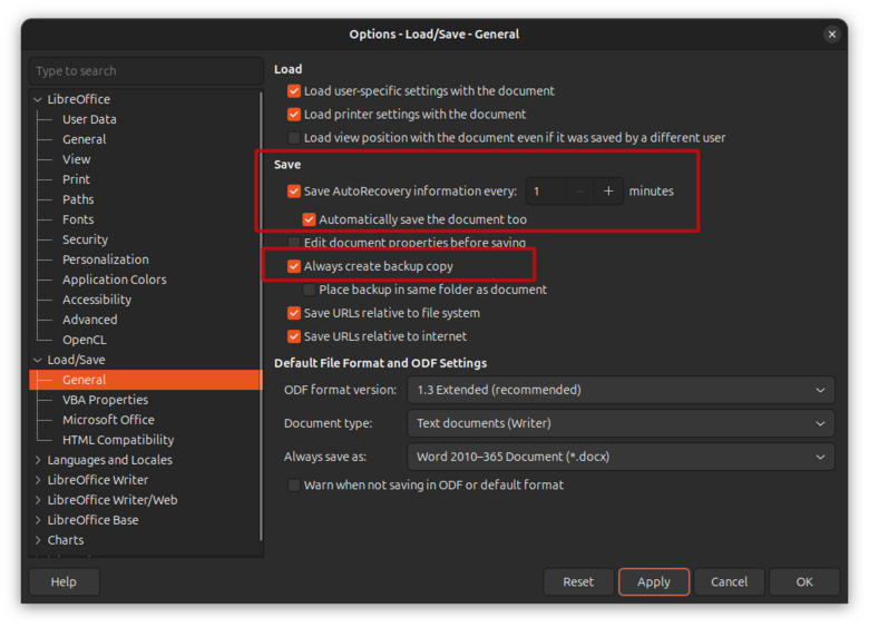 The autosave menu is in "Options"