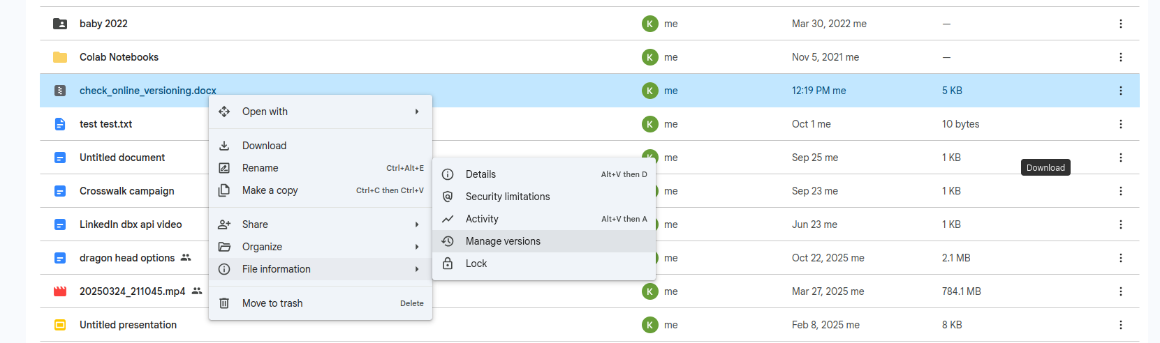 manage versions in Google Drive