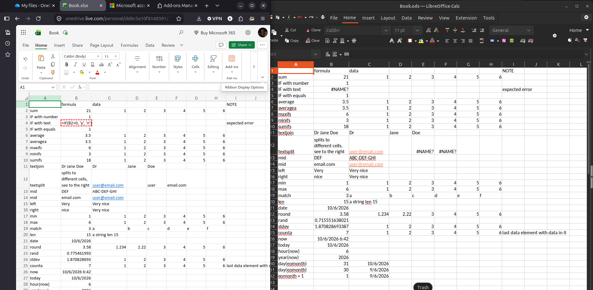 Two windows open in Linux, a browser with Excel and LibreOffice Calc both showing the same file