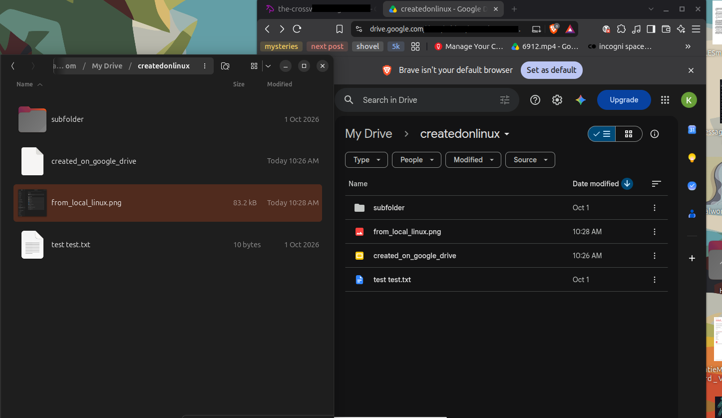 GNOME Files is shown next to my Google Drive online and you can see both are synced up