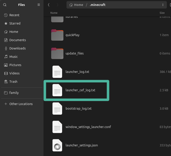 Mint colored box around the launcher_cef_log file.