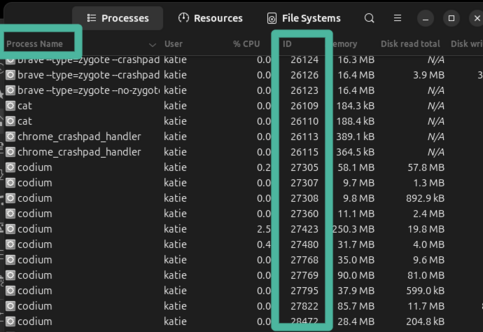 System monitor with 'Process Name,' farthest left column highlighted, and the fourth column entiredly highlighted, which shows 'Process IDs'